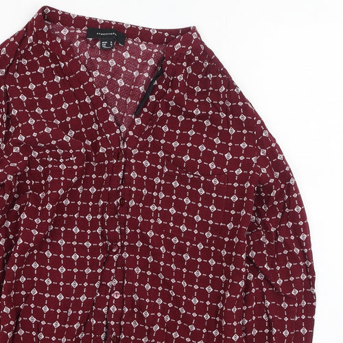 Primark  Womens Red Geometric Viscose Basic Button-Up Size 10 V-Neck