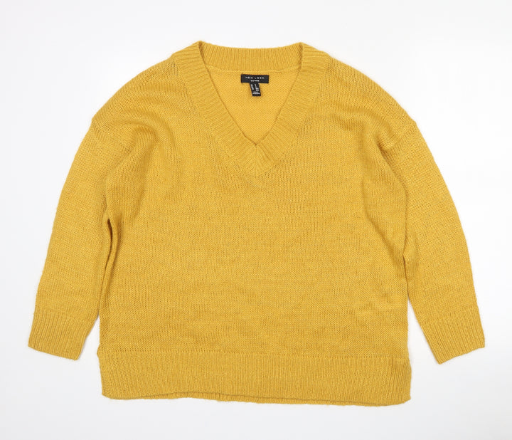New Look Womens Yellow V-Neck  Acrylic Pullover Jumper Size S