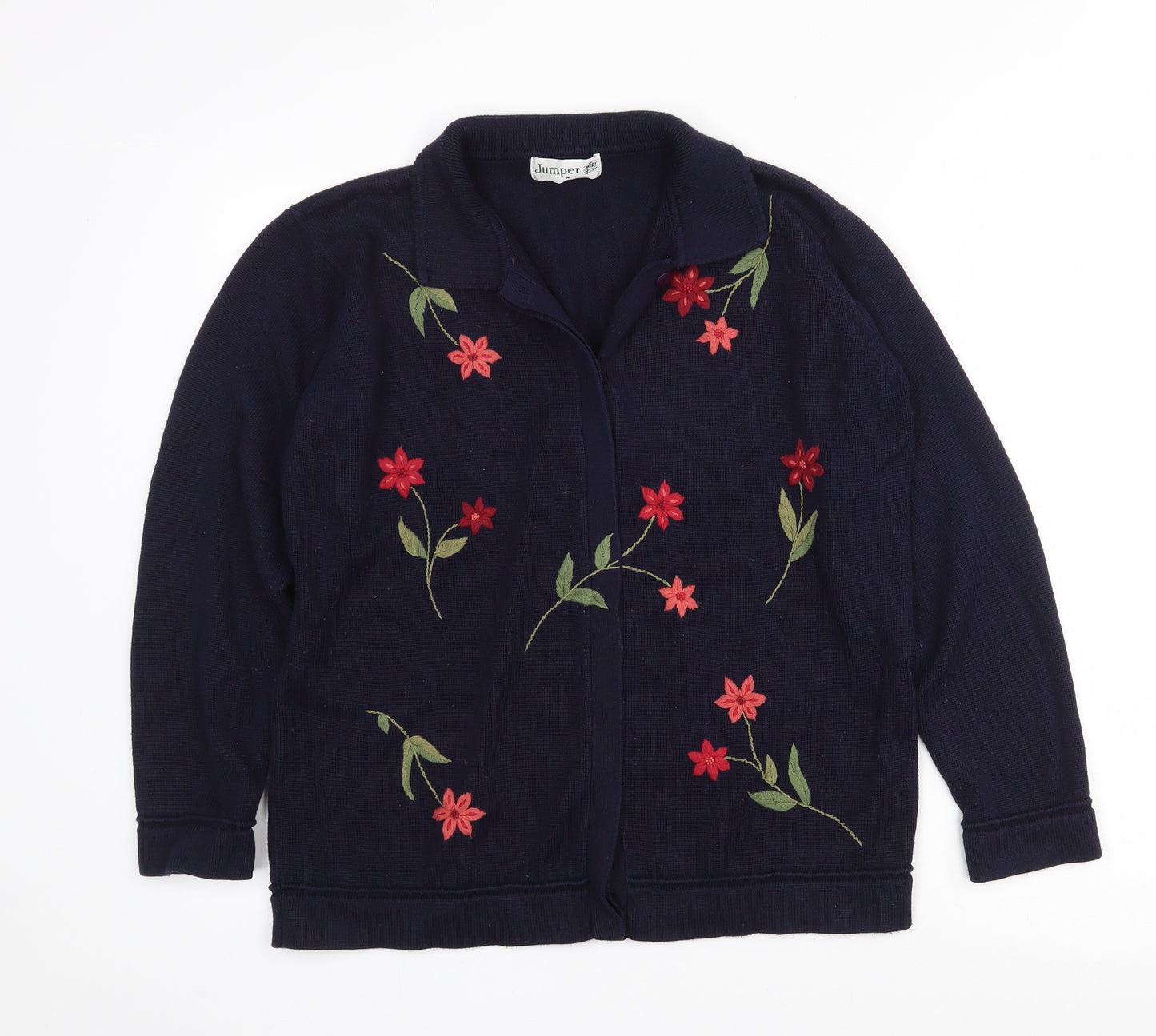 Jumper Womens Blue Collared Floral Acrylic Cardigan Jumper Size M