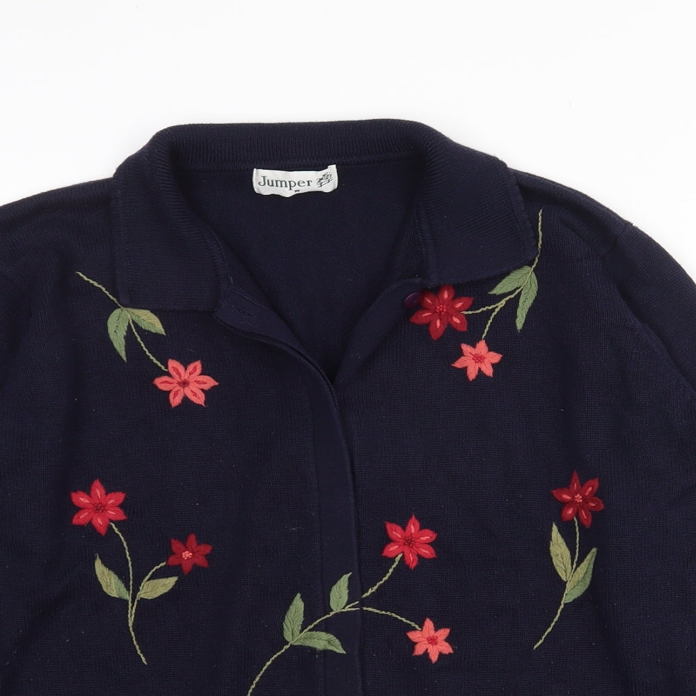 Jumper Womens Blue Collared Floral Acrylic Cardigan Jumper Size M