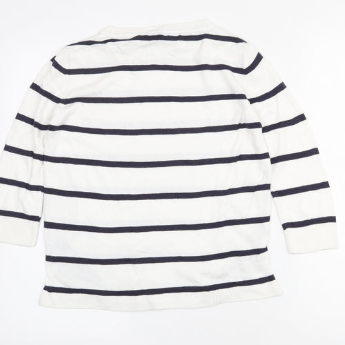 Marks and Spencer Womens White Crew Neck Striped Cotton Pullover Jumper Size 8