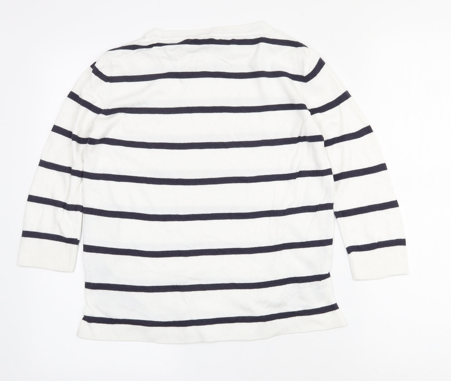 Marks and Spencer Womens White Crew Neck Striped Cotton Pullover Jumper Size 8