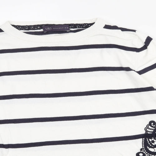 Marks and Spencer Womens White Crew Neck Striped Cotton Pullover Jumper Size 8