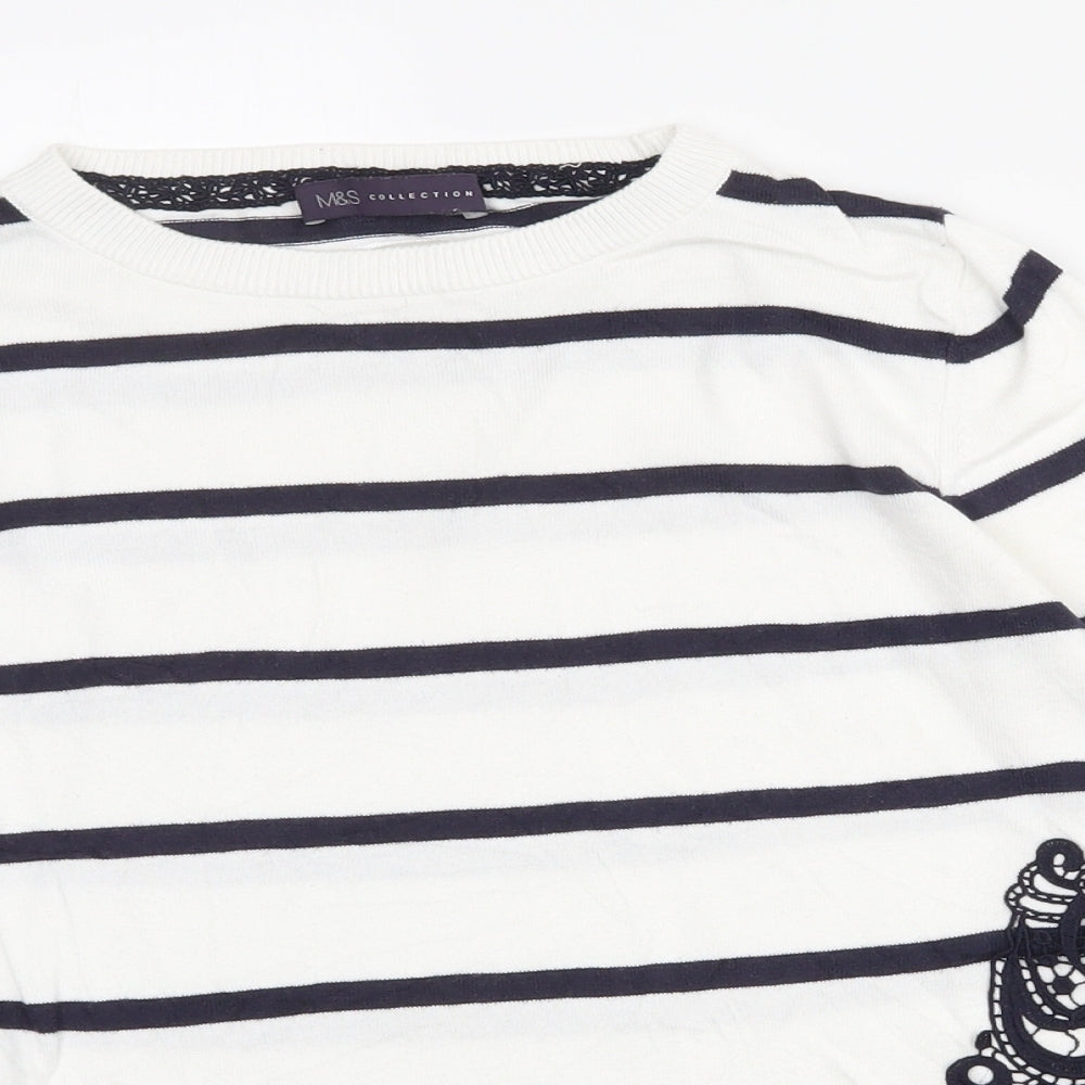 Marks and Spencer Womens White Crew Neck Striped Cotton Pullover Jumper Size 8