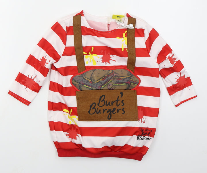 George Boys Red Striped Polyester Basic T-Shirt Size 5-6 Years Crew Neck Pullover - Burts Burgers Fancy Dress Top