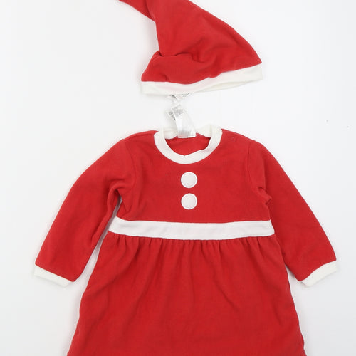 H&M Girls Red  Polyester Skater Dress  Size 12-18 Months  Crew Neck Pullover - Santa