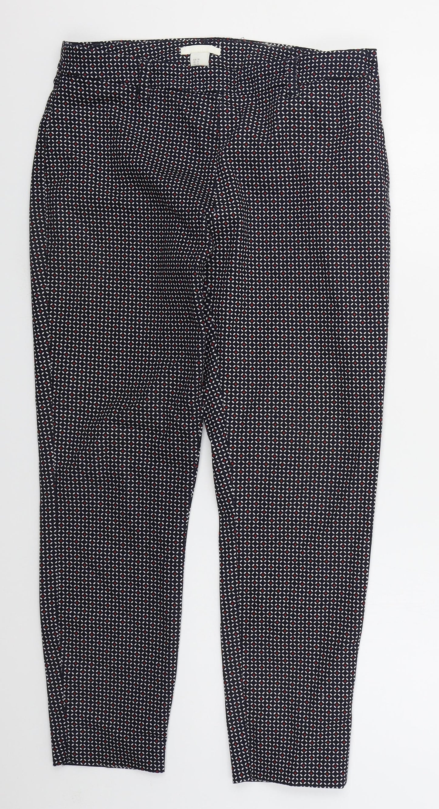 H&M Womens Blue Geometric Cotton Trousers  Size 10 L25 in Regular Zip