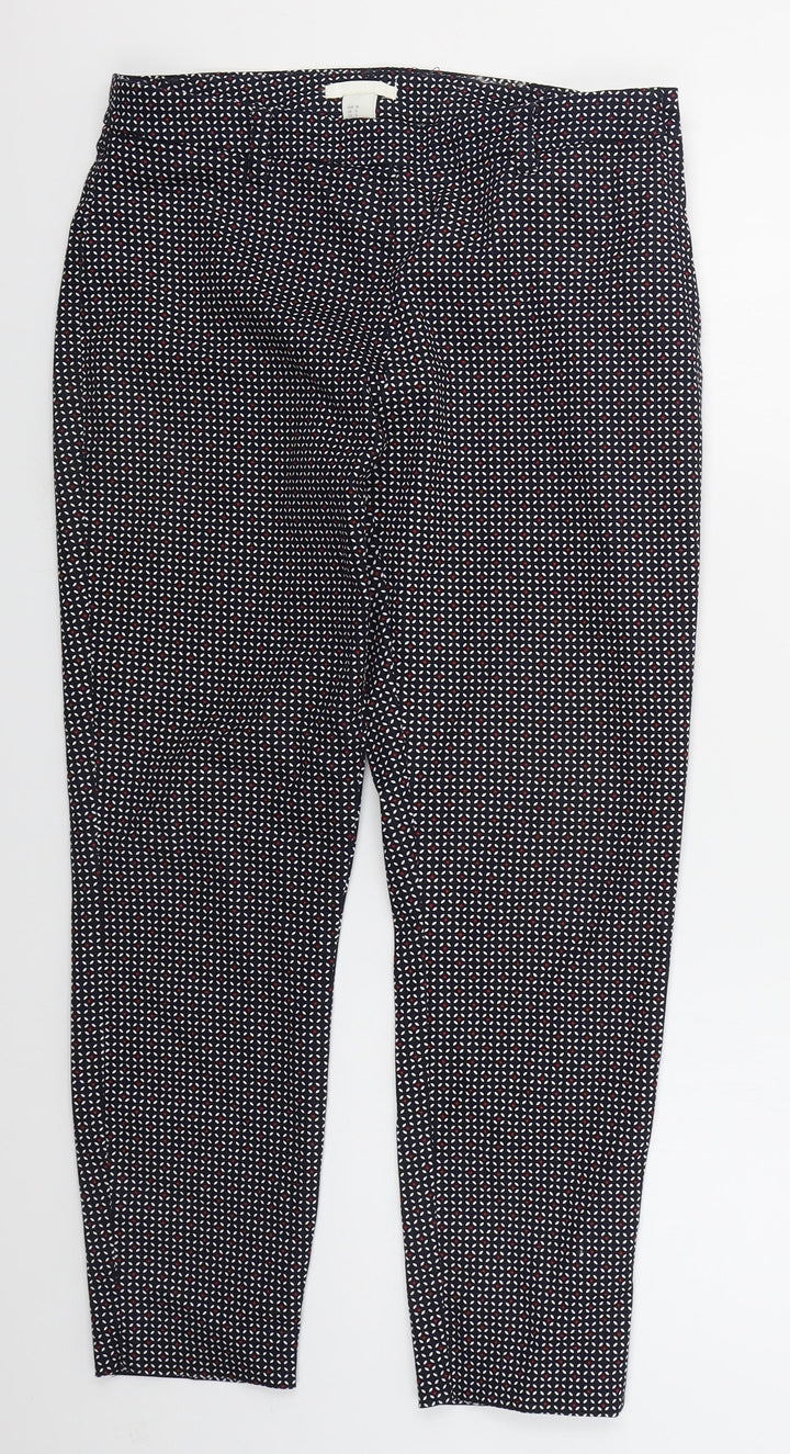 H&M Womens Blue Geometric Cotton Trousers  Size 10 L25 in Regular Zip