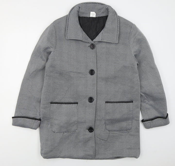 Anne De Lancay Womens Black Geometric  Overcoat Coat Size 14  Button - Black and White