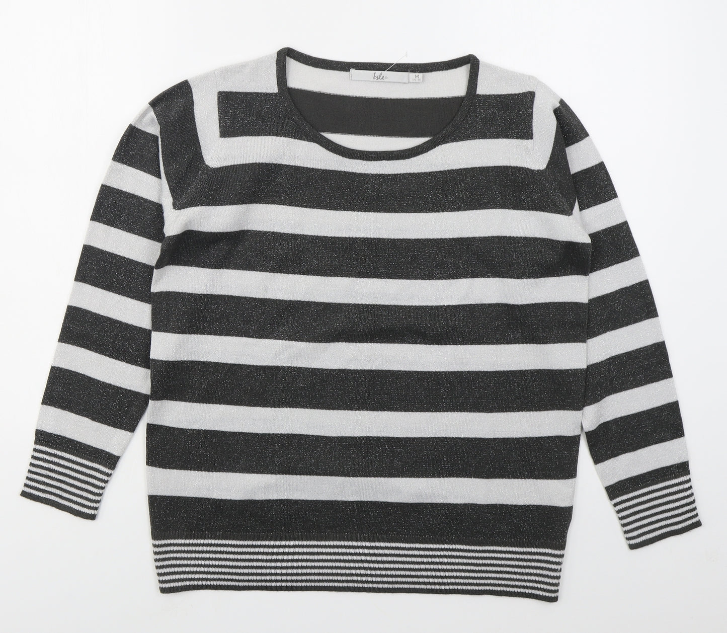 Isle Womens Grey Round Neck Striped Acrylic Pullover Jumper Size 14