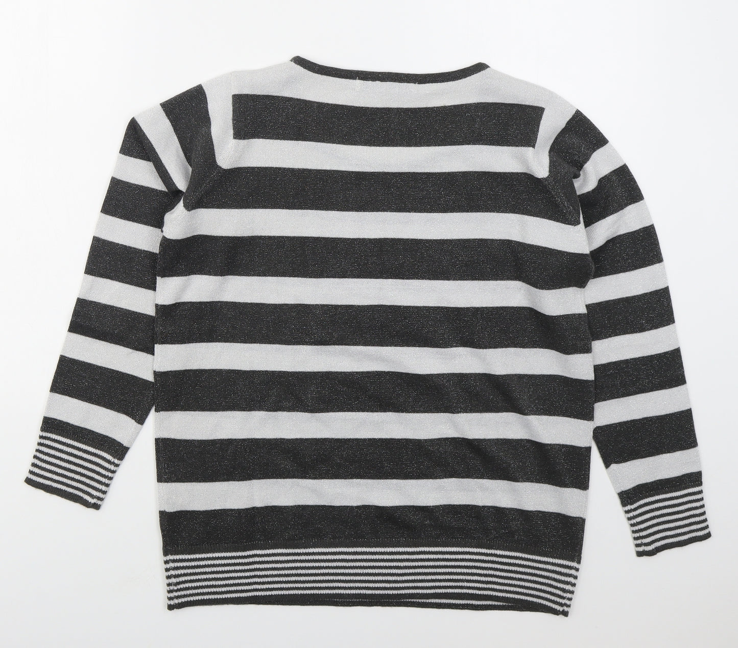 Isle Womens Grey Round Neck Striped Acrylic Pullover Jumper Size 14