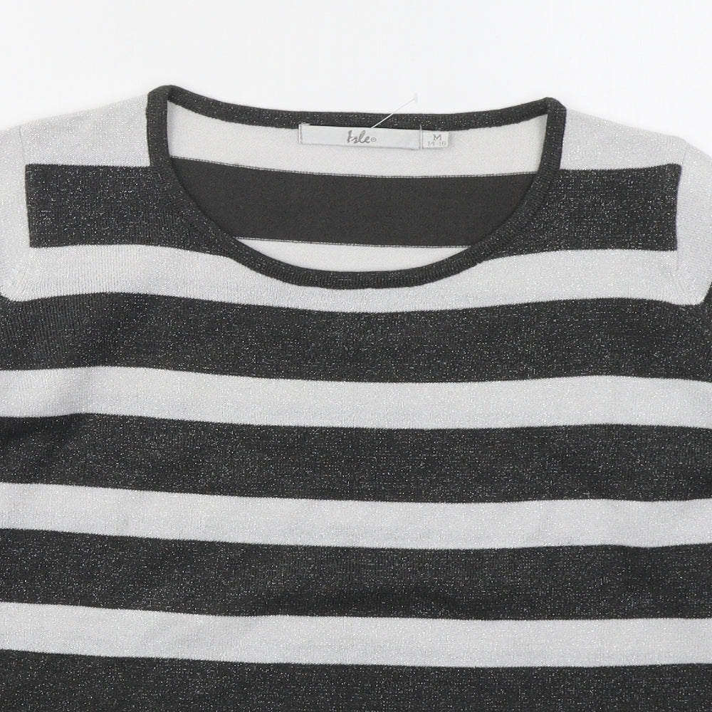 Isle Womens Grey Round Neck Striped Acrylic Pullover Jumper Size 14