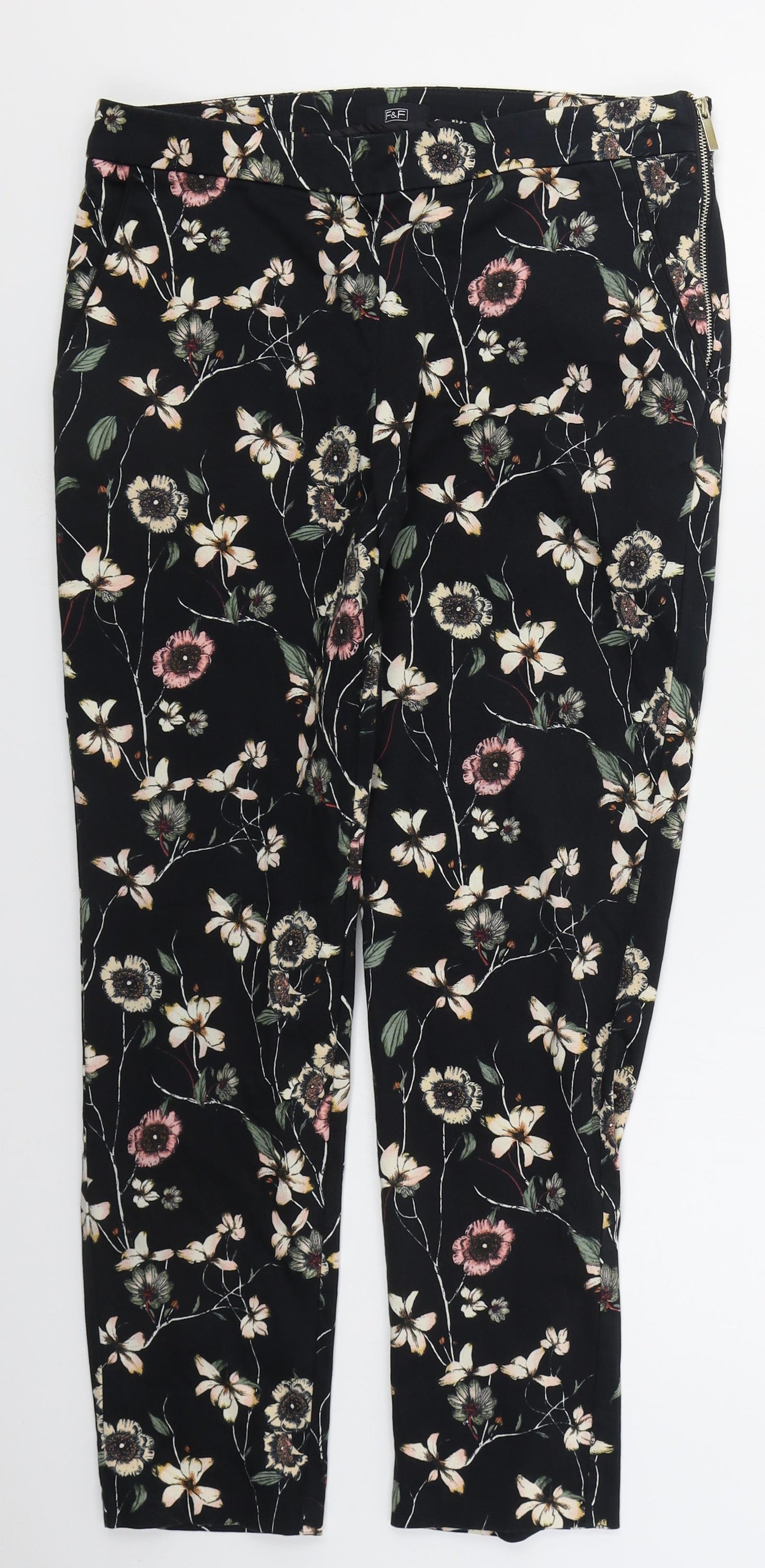 F&F Womens Black Floral Cotton Trousers  Size 12 L26 in Regular Zip
