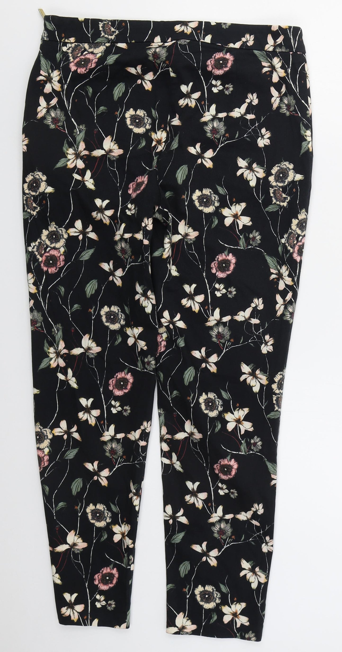 F&F Womens Black Floral Cotton Trousers  Size 12 L26 in Regular Zip