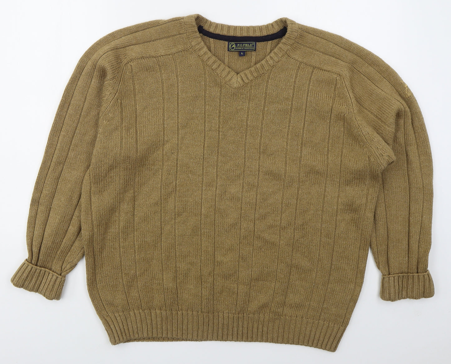 PG Field Mens Brown V-Neck  Acrylic Pullover Jumper Size L