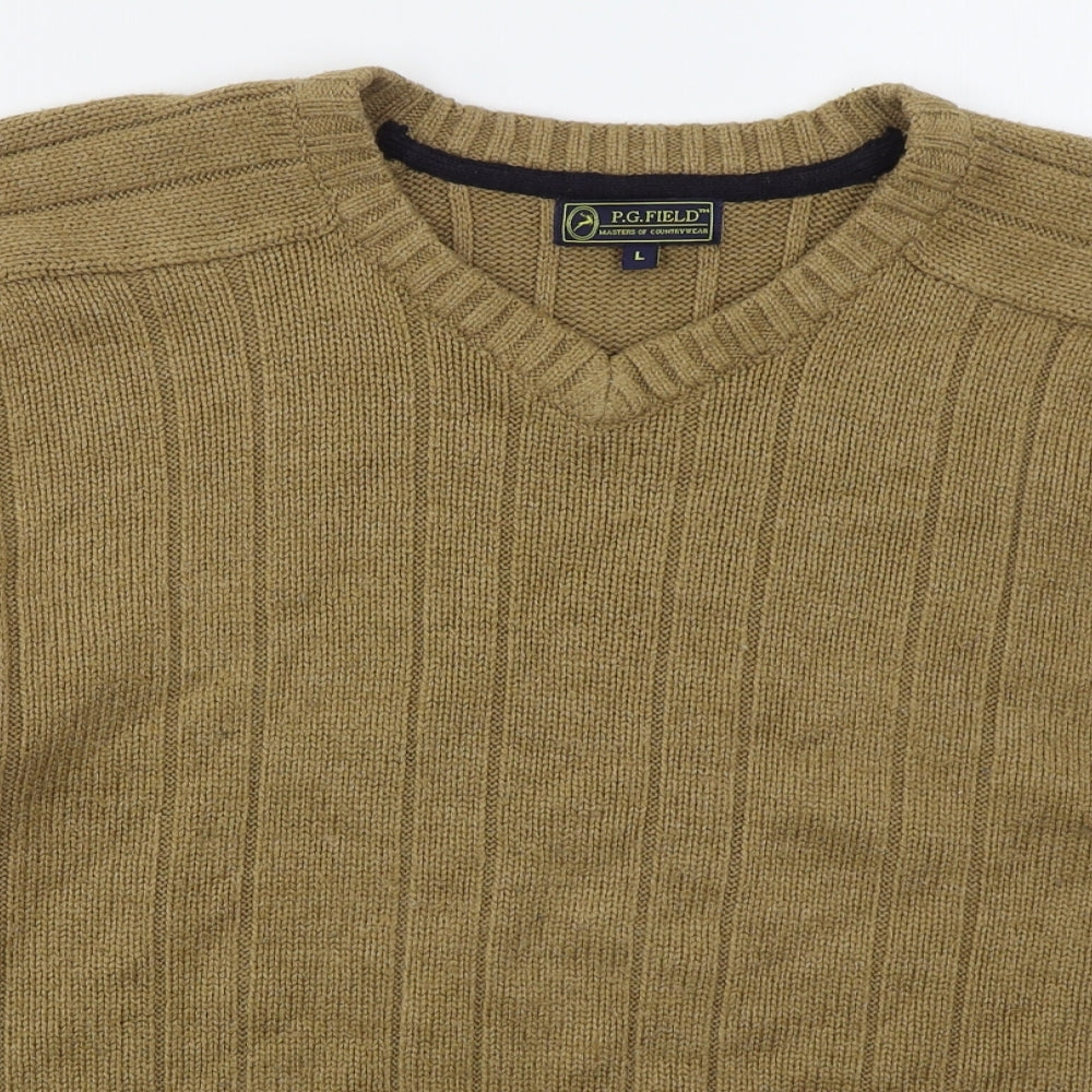 PG Field Mens Brown V-Neck  Acrylic Pullover Jumper Size L