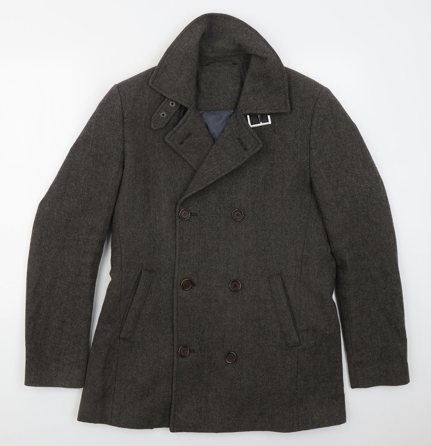 Ultimo Mens Brown Herringbone  Pea Coat Coat Size M  Button