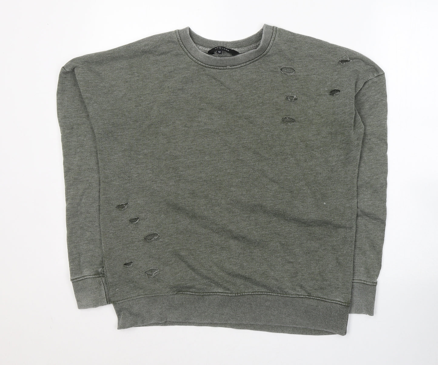 New Look Womens Green Round Neck  Cotton Pullover Jumper Size 12   - ripped detail