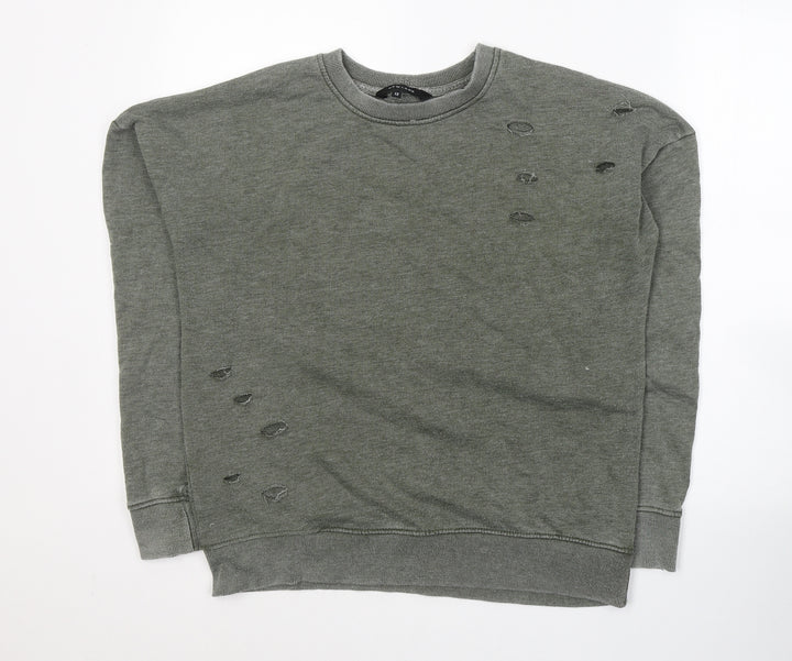 New Look Womens Green Round Neck  Cotton Pullover Jumper Size 12   - ripped detail