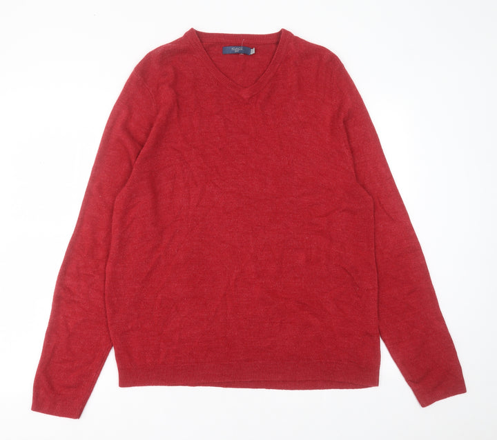 Atlantic Bay Mens Red V-Neck Acrylic Pullover Jumper Size L