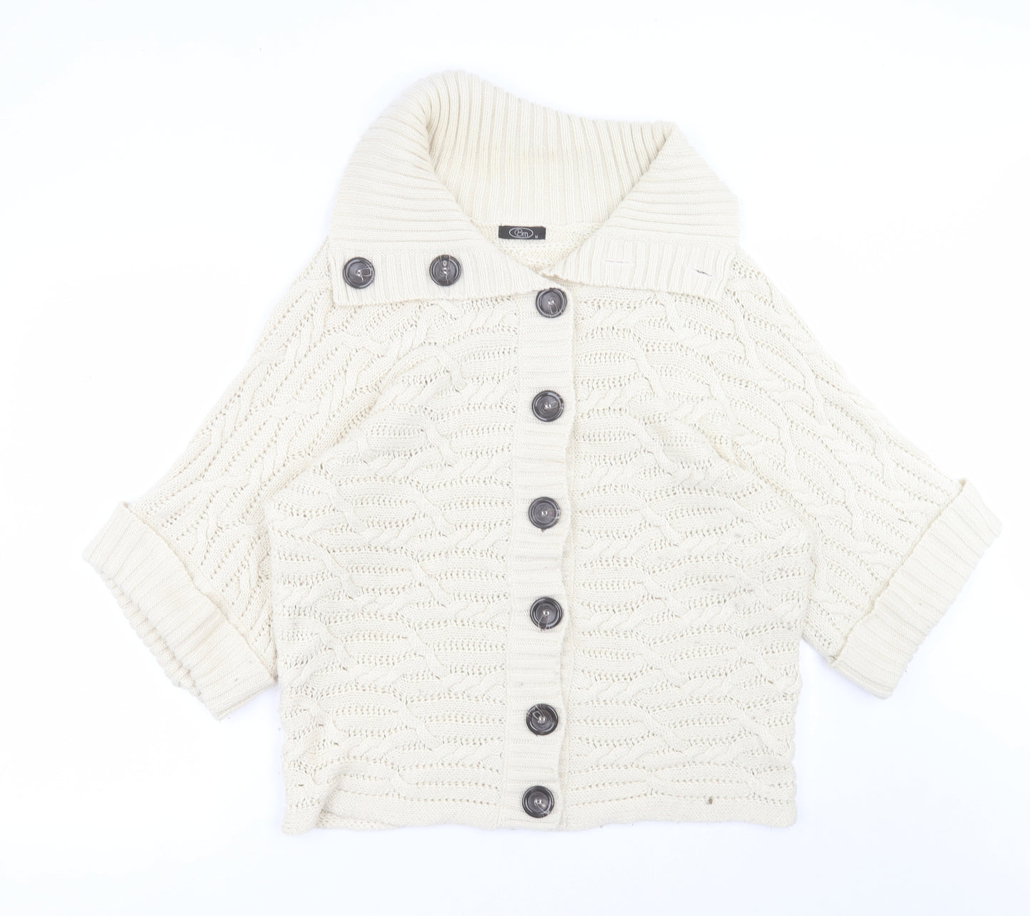 BM Womens Beige Collared  Acrylic Cardigan Jumper Size M