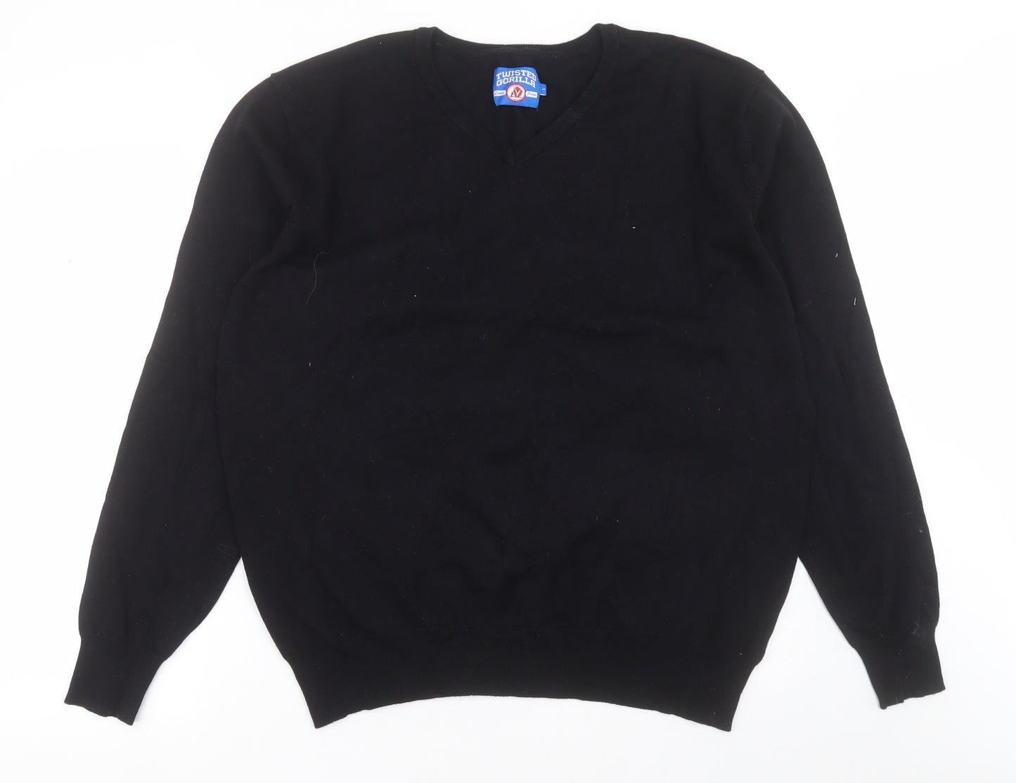 Twisted Gorilla Mens Black V-Neck  Cotton Pullover Jumper Size L