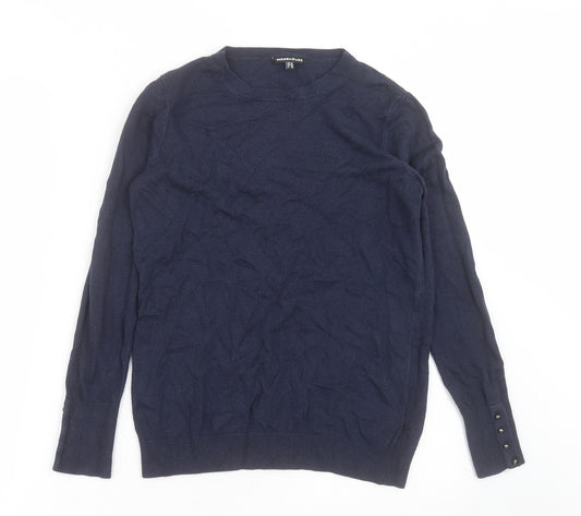 Front view of Warehouse women’s blue crew neck acrylic jumper, size UK 12