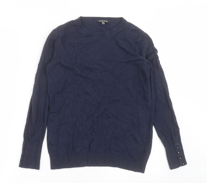 Warehouse Womens Blue Crew Neck  Acrylic Pullover Jumper Size 12