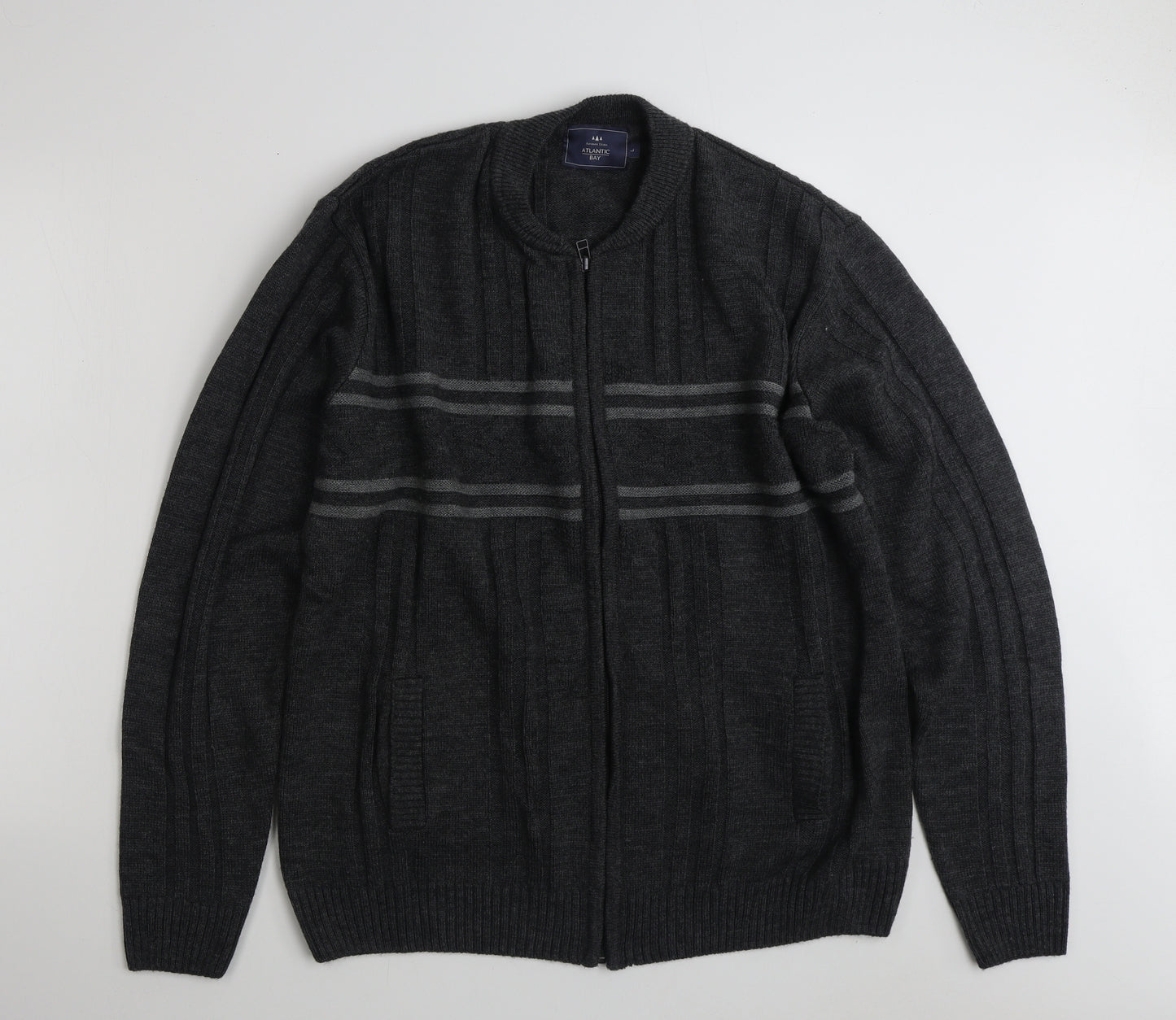 Atlantic Bay Mens Grey Round Neck Striped Acrylic Full Zip Jumper Size L