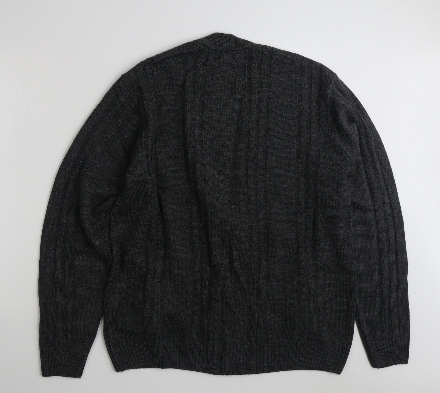 Atlantic Bay Mens Grey Round Neck Striped Acrylic Full Zip Jumper Size L