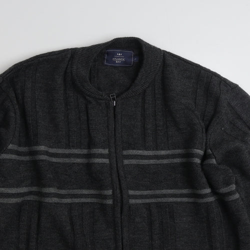 Atlantic Bay Mens Grey Round Neck Striped Acrylic Full Zip Jumper Size L