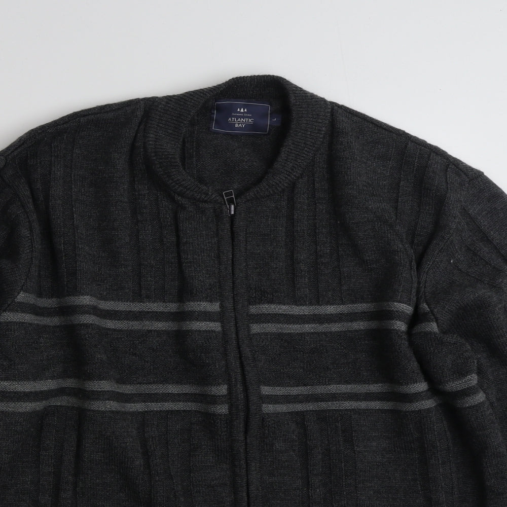 Atlantic Bay Mens Grey Round Neck Striped Acrylic Full Zip Jumper Size L