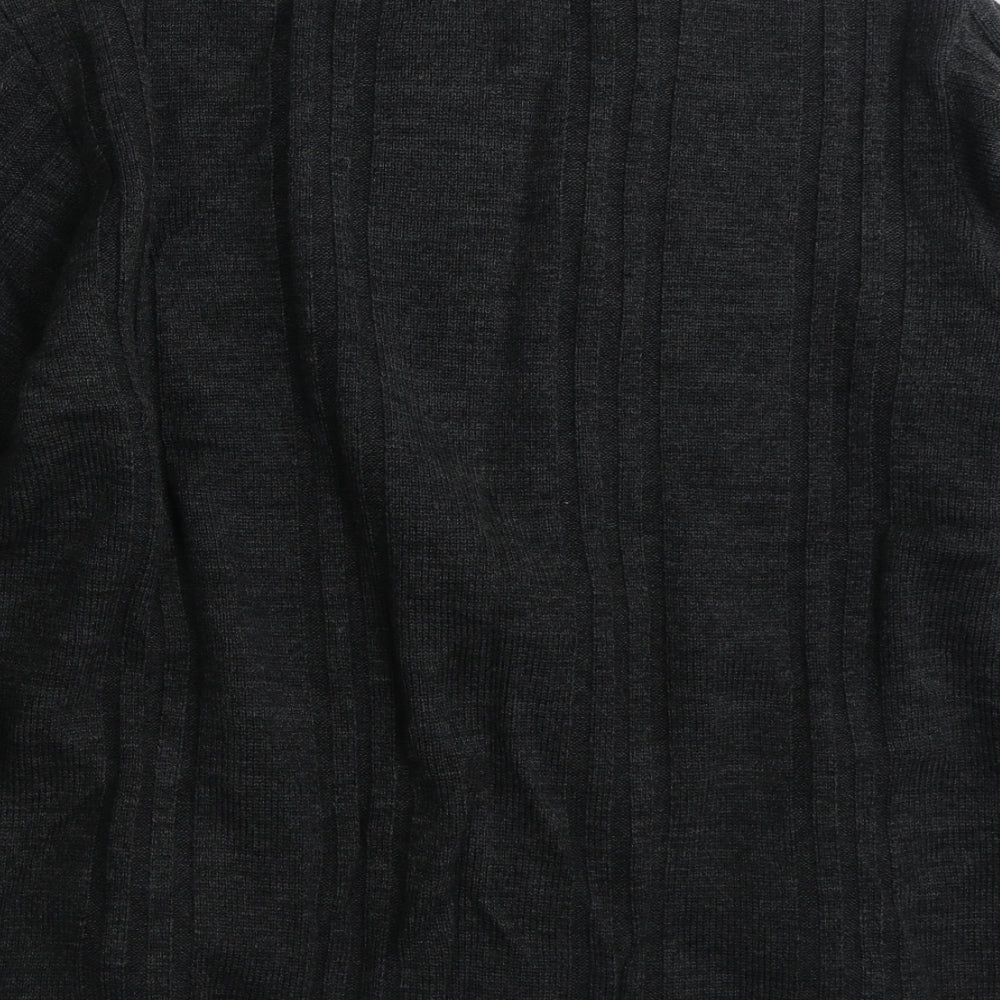 Atlantic Bay Mens Grey Round Neck Striped Acrylic Full Zip Jumper Size L