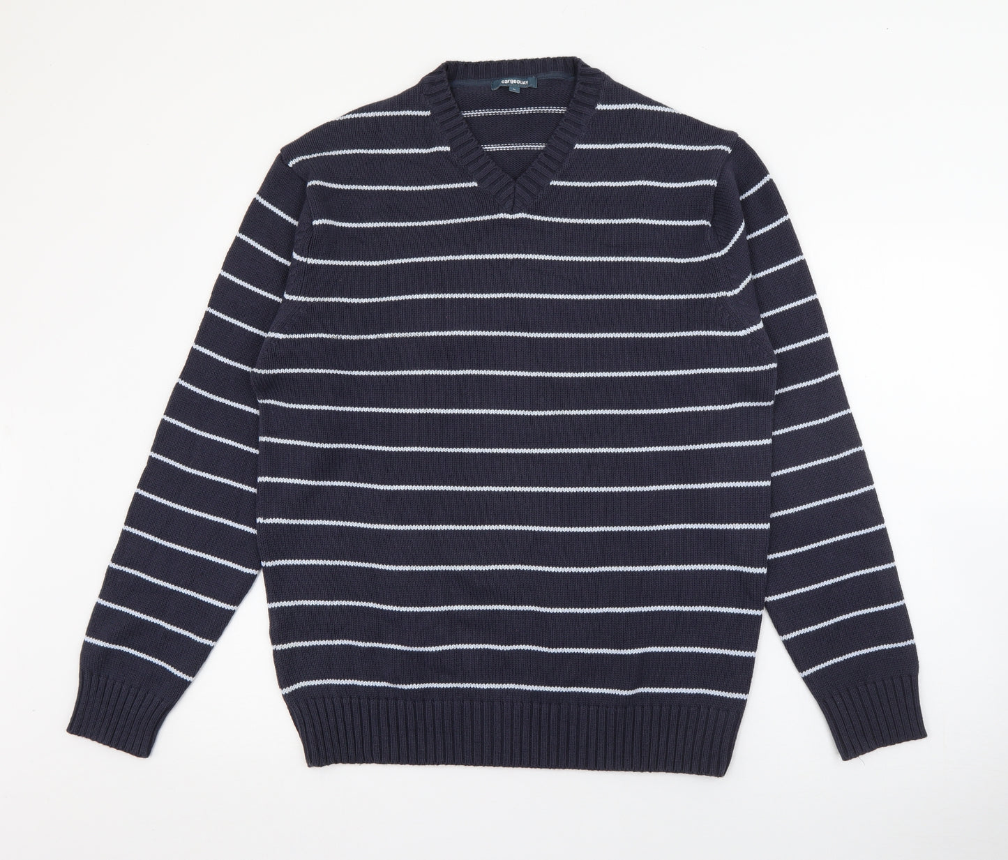 Cargoquay Mens Blue V-Neck Striped Cotton Pullover Jumper Size L