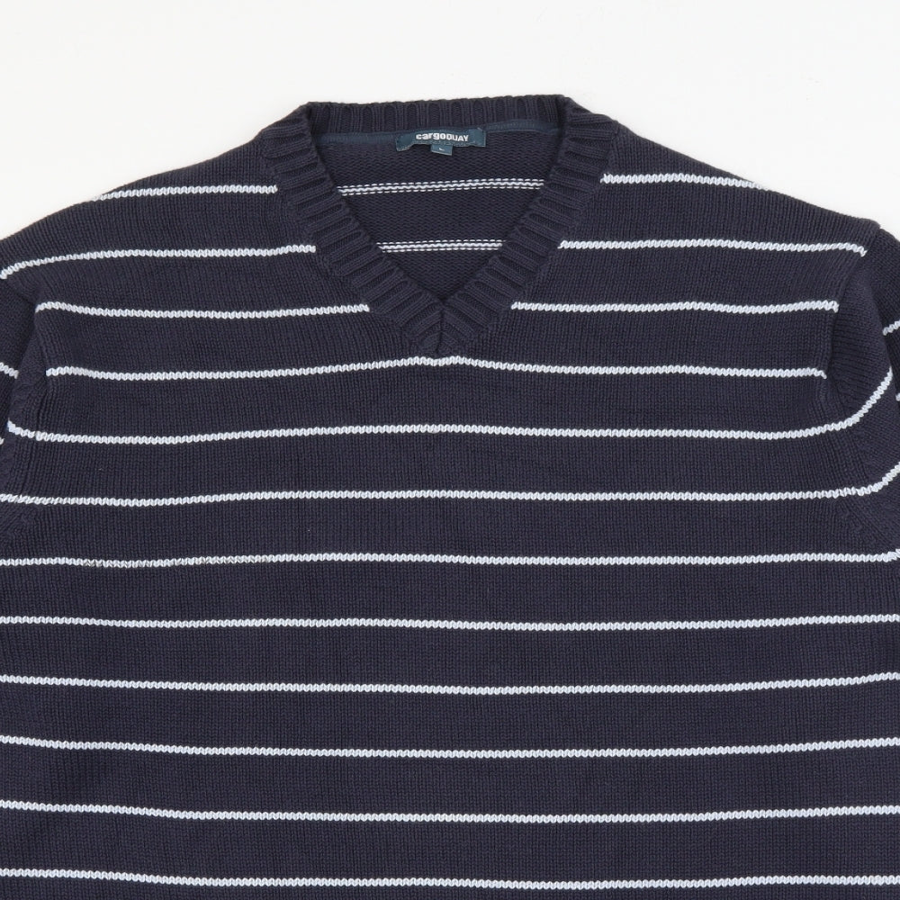 Cargoquay Mens Blue V-Neck Striped Cotton Pullover Jumper Size L