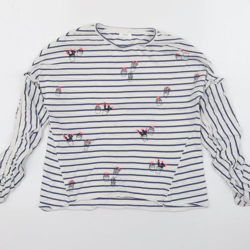 NEXT Girls White Striped Cotton Pullover T-Shirt Size 7 Years Crew Neck  - Cacti