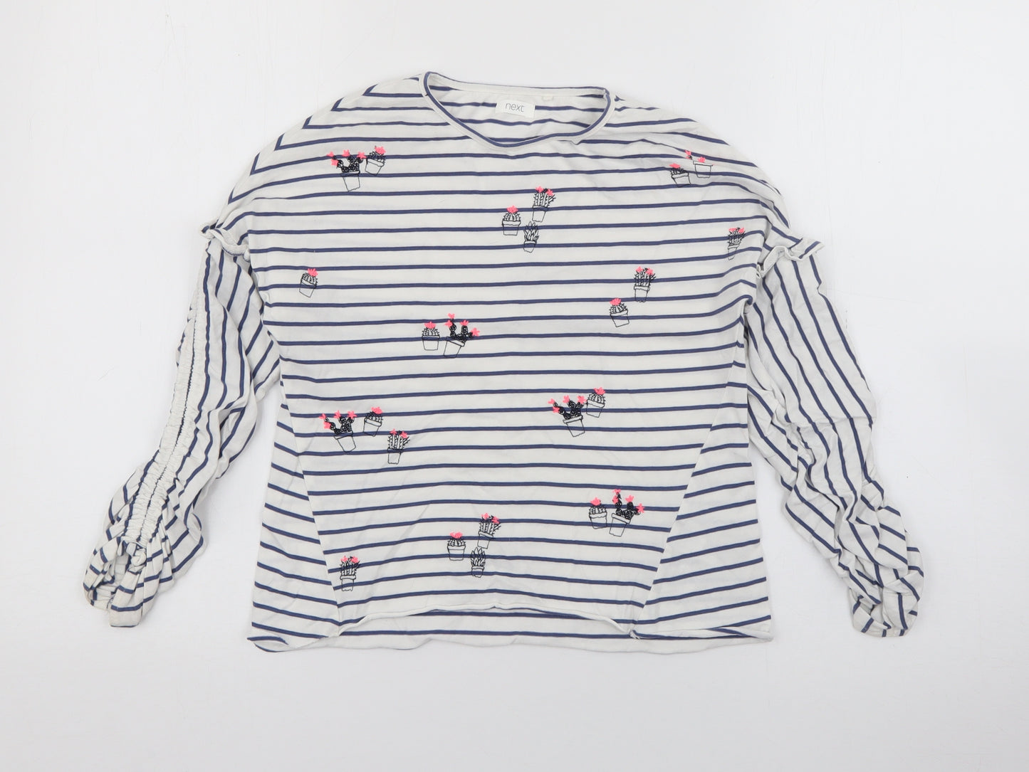 NEXT Girls White Striped Cotton Pullover T-Shirt Size 7 Years Crew Neck  - Cacti