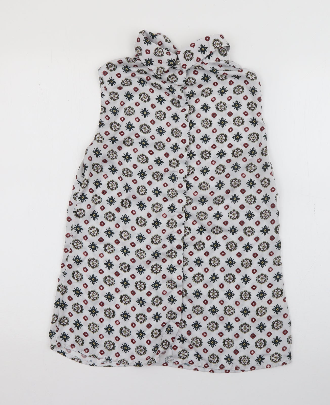 Laura Ashley Womens Grey Geometric Polyester Basic Button-Up Size 8 Collared