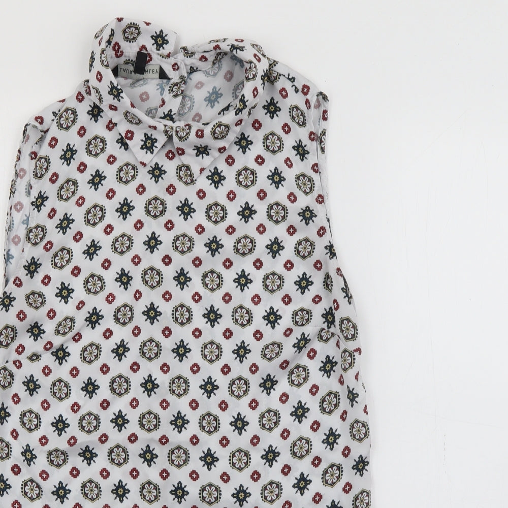 Laura Ashley Womens Grey Geometric Polyester Basic Button-Up Size 8 Collared