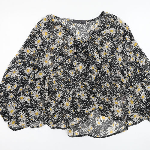 Primark Womens Black Floral Polyester Basic Blouse Size 10 V-Neck