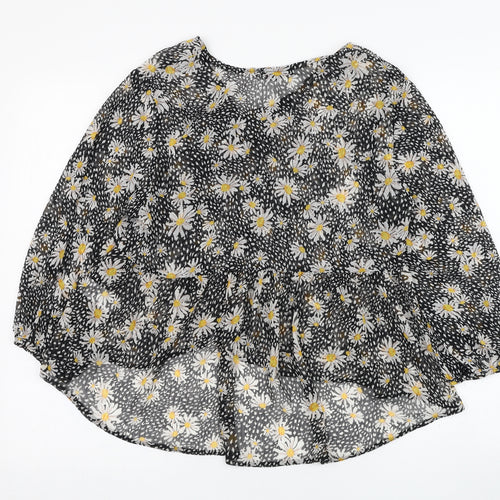 Primark Womens Black Floral Polyester Basic Blouse Size 10 V-Neck