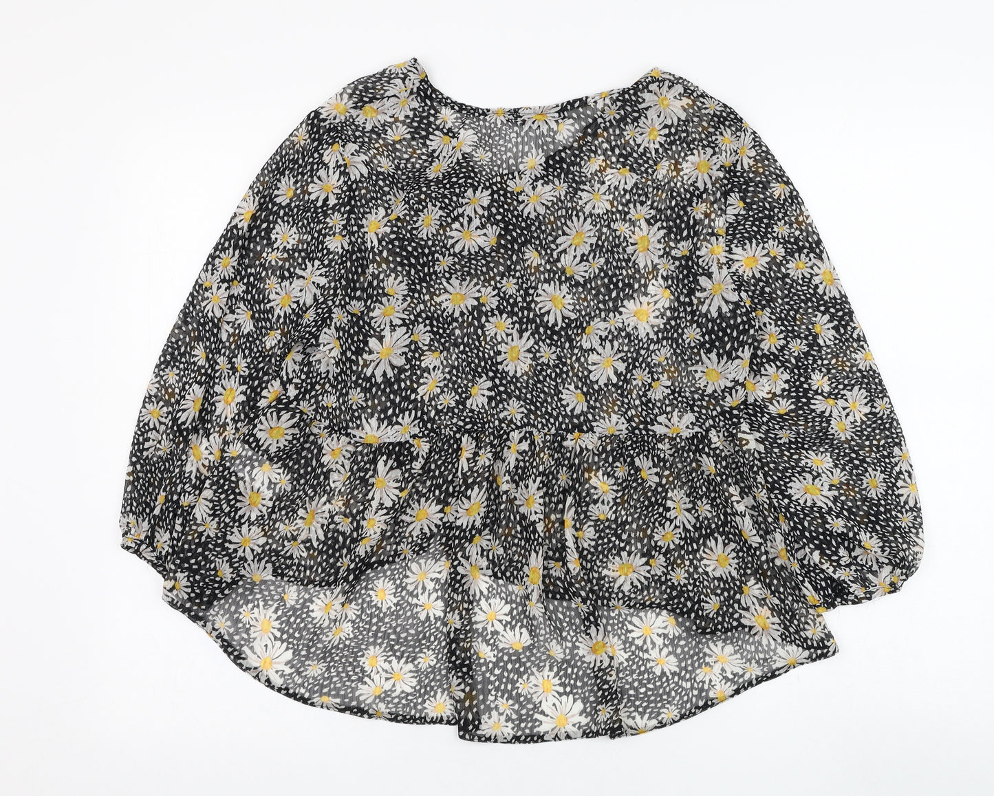 Primark Womens Black Floral Polyester Basic Blouse Size 10 V-Neck