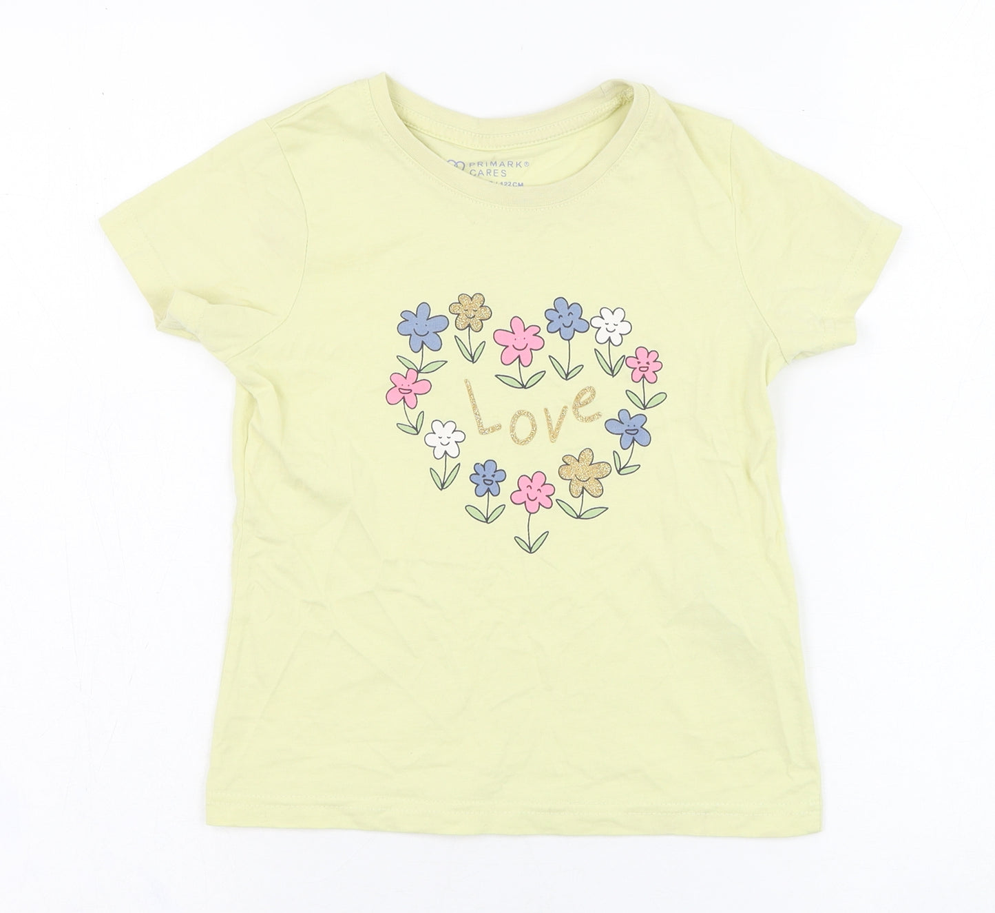 Primark Girls Yellow  Cotton Basic T-Shirt Size 6-7 Years Round Neck Pullover - Love