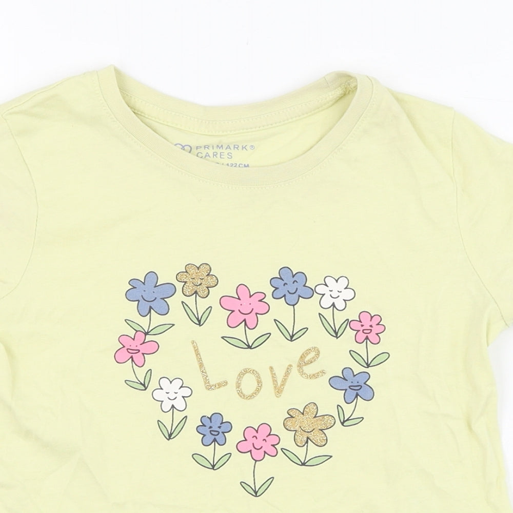 Primark Girls Yellow  Cotton Basic T-Shirt Size 6-7 Years Round Neck Pullover - Love