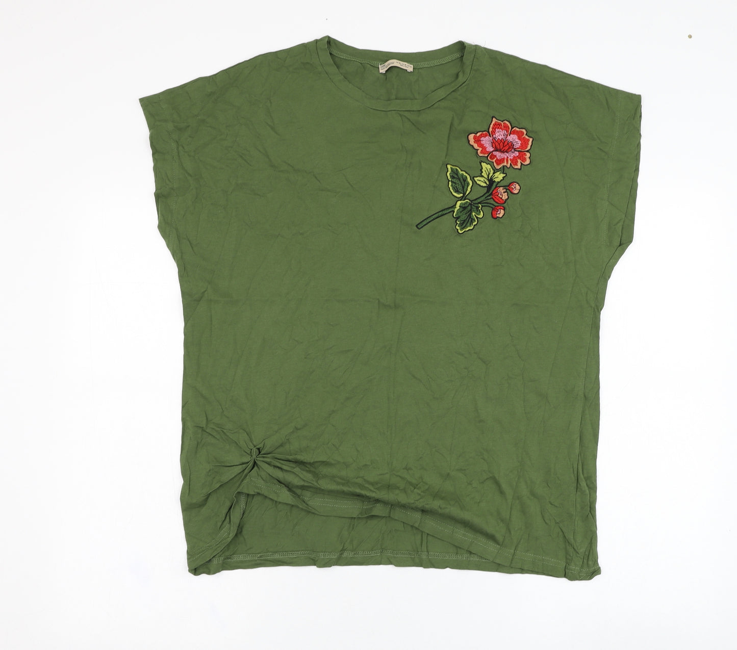 Zara Womens Green  Cotton Basic T-Shirt Size XL Round Neck - Flower