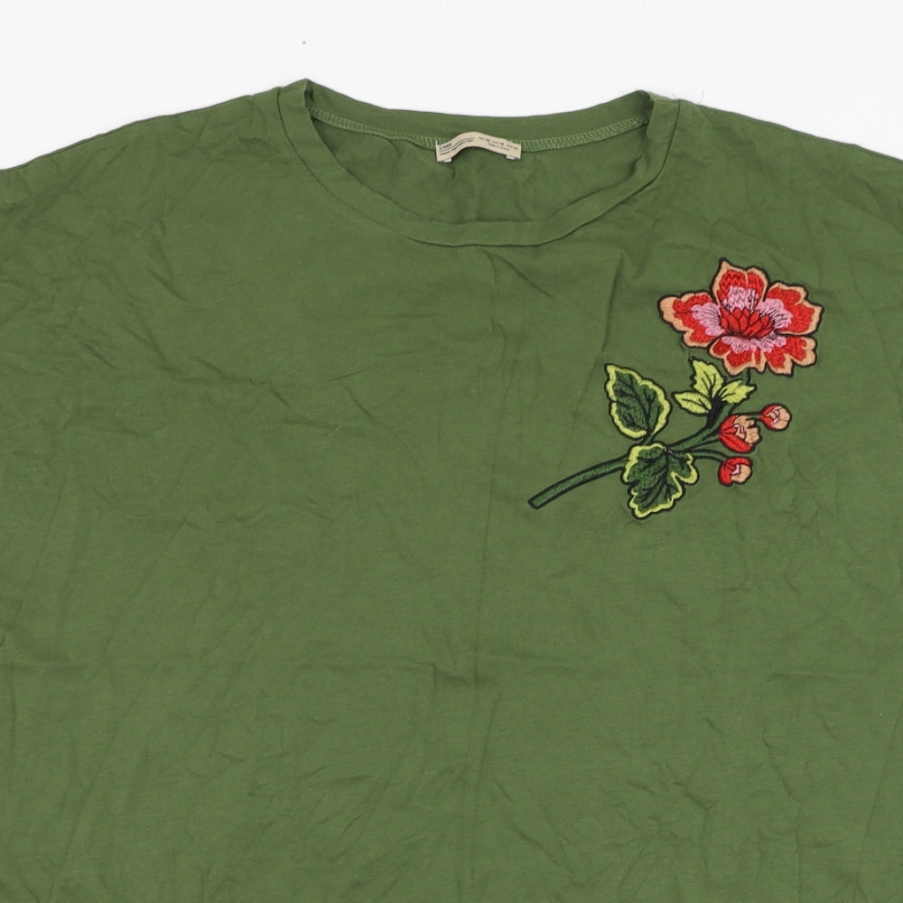 Zara Womens Green  Cotton Basic T-Shirt Size XL Round Neck - Flower