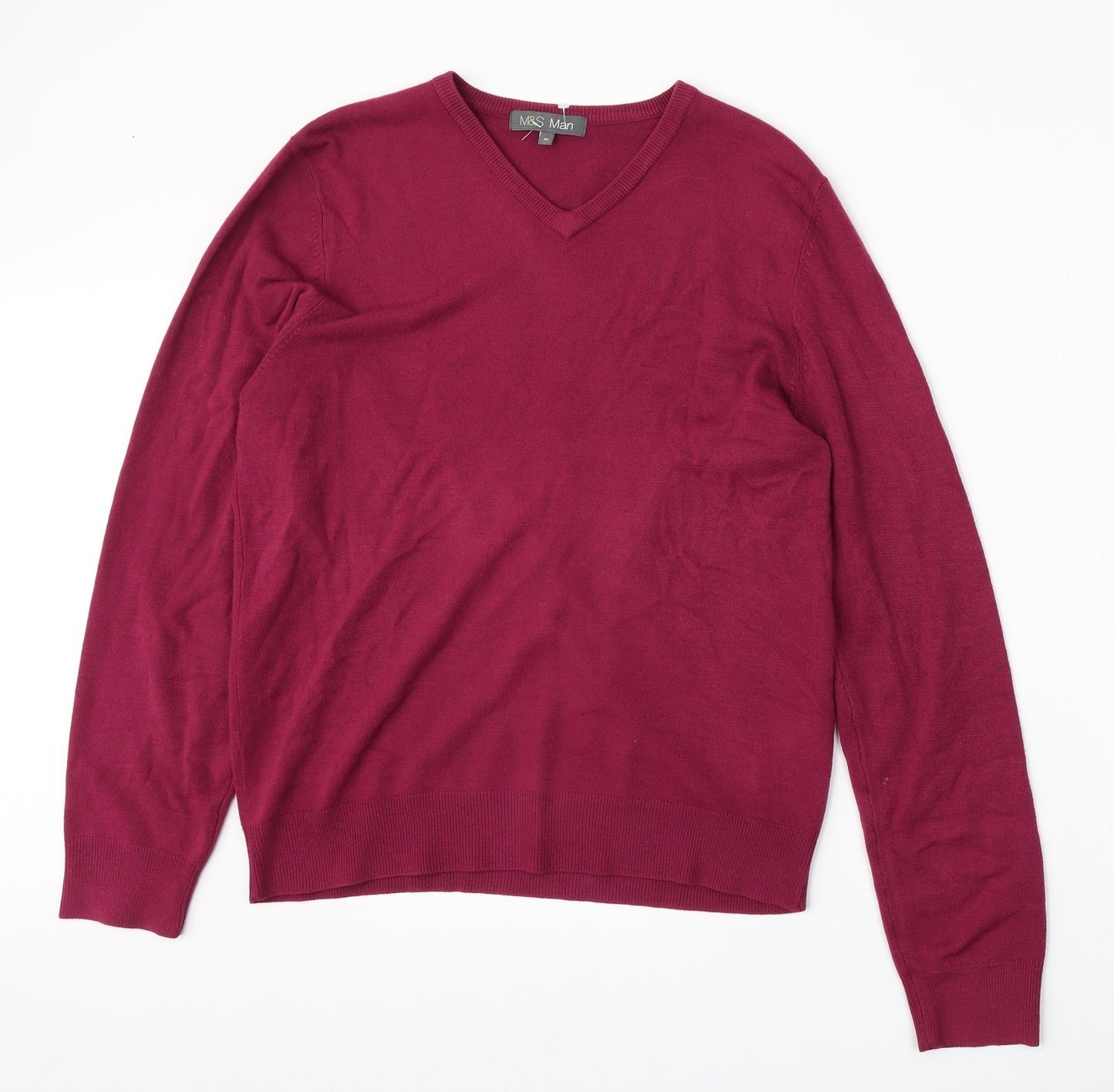 Marks and Spencer Mens Red V-Neck  Acrylic Pullover Jumper Size M