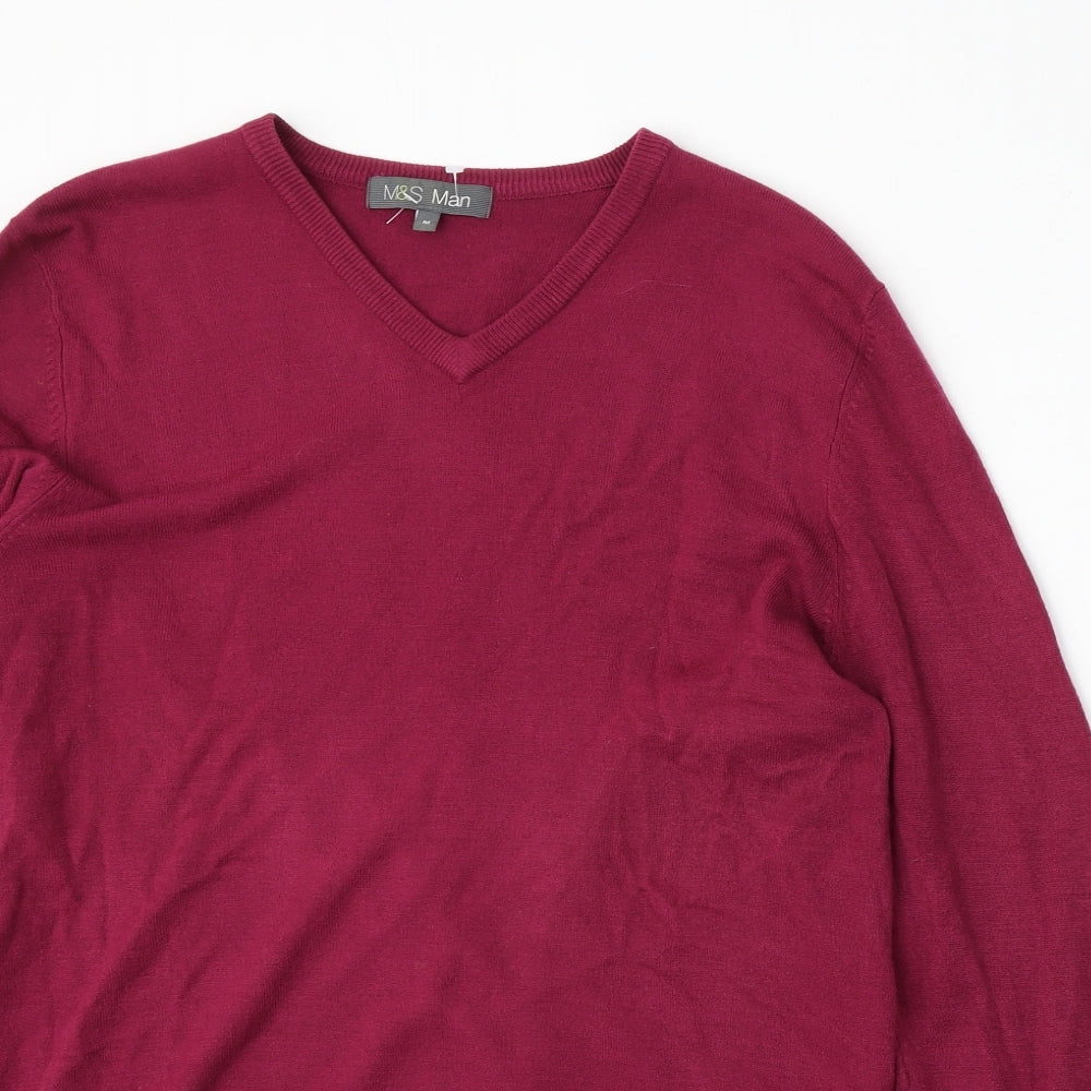 Marks and Spencer Mens Red V-Neck  Acrylic Pullover Jumper Size M