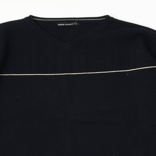 Fashion Union Mens Blue V-Neck  Polyester Pullover Jumper Size L
