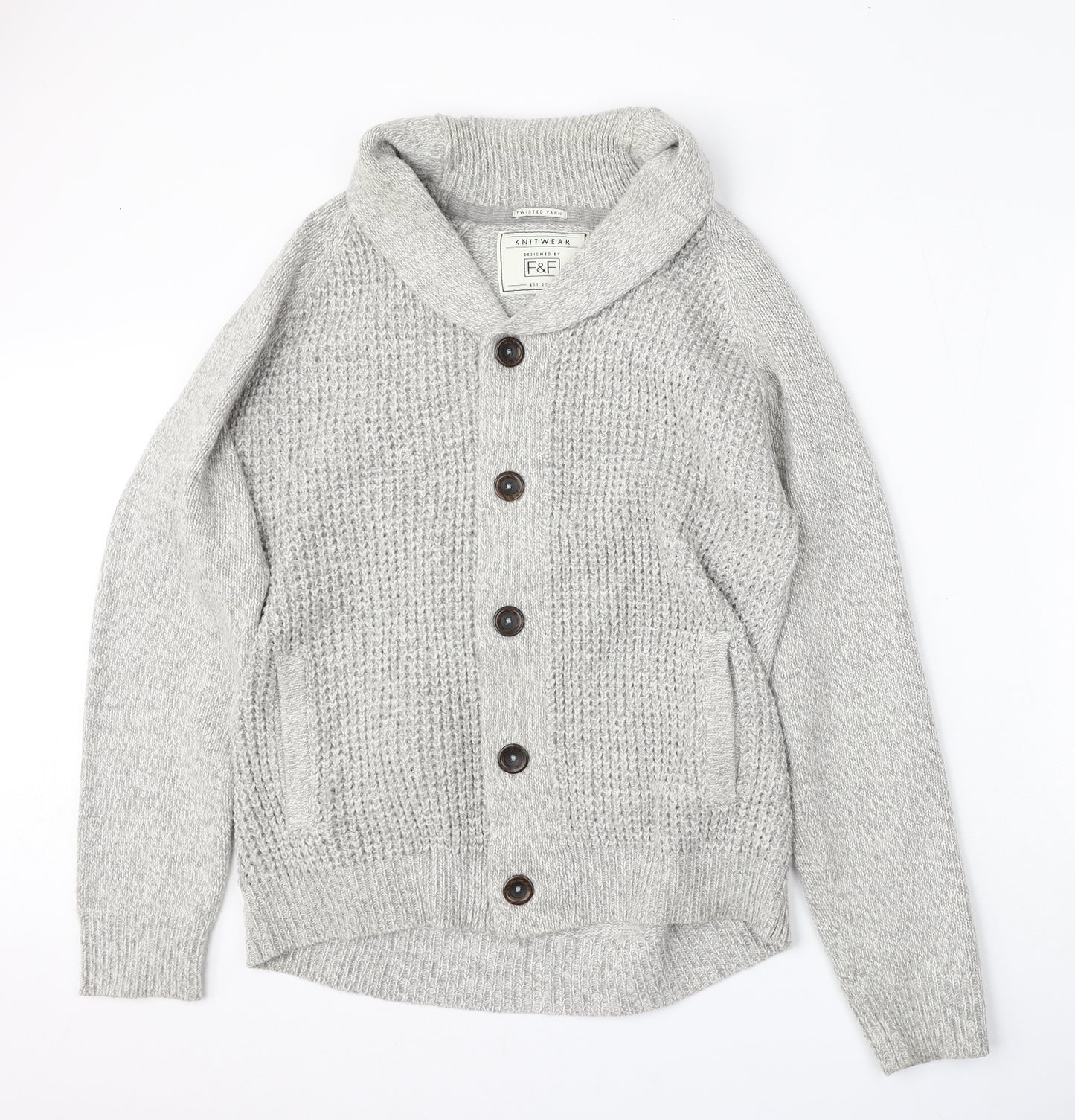 F&F Mens Grey Roll Neck  Acrylic Cardigan Jumper Size L